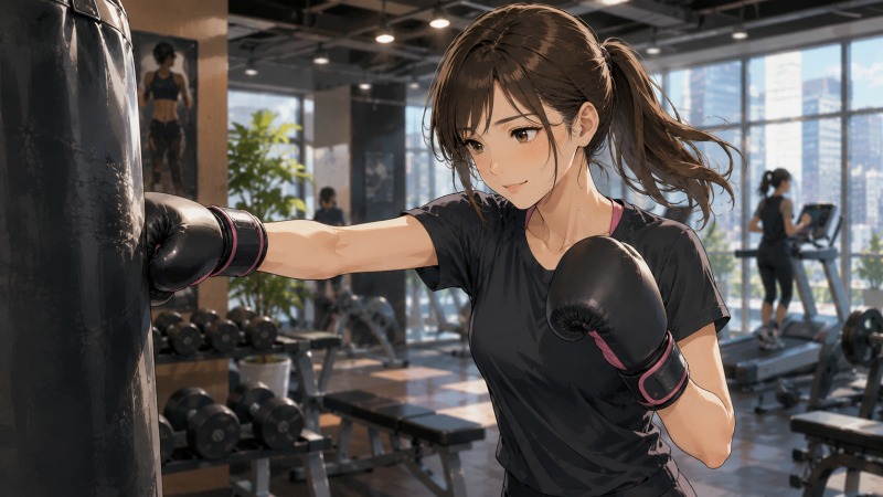 転職後の32歳女性が、仕事帰りにジムでボクシングトレーニングをして汗を流しているシーン。設計アシスタントとして新しいキャリアを築きながら、運動でストレス発散し、自分らしい生活と前向きな未来を手に入れた姿が描かれている。