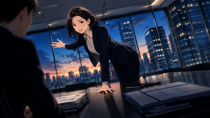 大手都市銀行の高層階会議室で、スーツ姿の女性銀行員が法人営業のプレゼンをしているイラスト。夕暮れの都心ビル群を背に、会議テーブルへ手をつき自信を持って提案する姿が、年収800万円のバリキャリとして成果を追い続けていた転職前の働き方を表している。