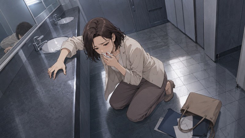 職場のトイレで、疲れ切った女性が床に膝をつき、体調不良に苦しんでいるイラスト。倒れた仕事用バッグや散らばった書類が、大手銀行の激務とストレスによって心身の限界を迎え、転職を考えるきっかけになった出来事を表している。