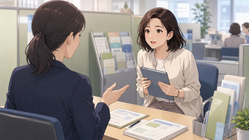 ハローワークの相談窓口で、女性が相談員と向き合いながら求人情報について話を聞いているイラスト。書類を手に少し安心した表情を浮かべる姿が、銀行員から未経験の事務職へ転職し、頑張り過ぎない働き方を探している転職活動中の様子を表している。