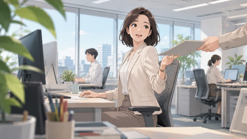 明るいオフィスで、女性が事務職としてパソコン作業をしながら同僚から書類を受け取っているイラスト。穏やかに働く社員たちと開放的な職場環境が、銀行のピリピリした職場から離れ、大手インフラ企業で精神的に楽になった転職後の働き方を表している。