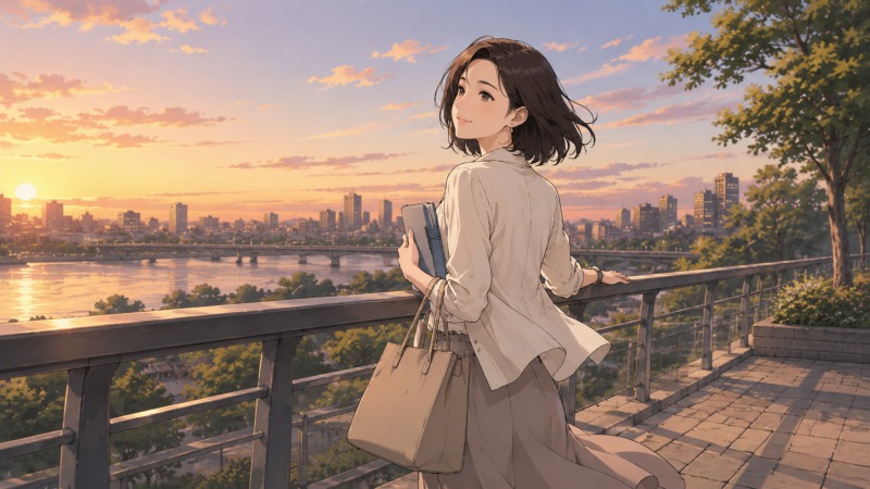 夕暮れの川沿いの展望デッキで、女性が手帳とバッグを持ちながら穏やかな表情で街を眺めているイラスト。年収800万円の銀行法人営業から契約社員の事務職へ転職し、収入や肩書きよりも心の安定を大切にする現在の価値観を表している。