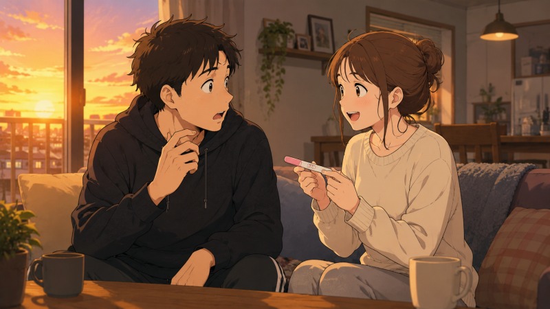 夕暮れのアパートのリビングで、芸人として苦しい生活を送る若い男性が、妻から妊娠を告げられて驚きと喜びが入り混じった表情を浮かべているシーン。温かな夕日が差し込む部屋の中で、夫婦が新しい命の誕生に向き合う、転職前の人生の転機を描いたイラスト。