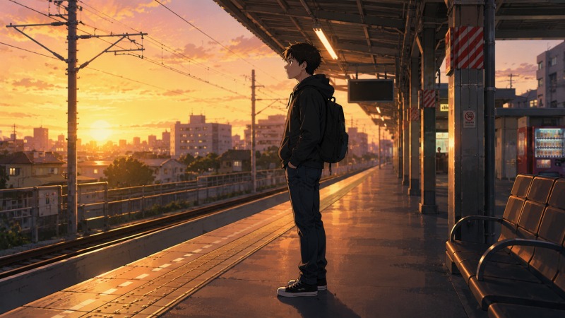 夕暮れの駅のホームで、芸人を辞めた後のキャリアについて悩む若い男性が、線路の向こうに広がる東京の街並みを見つめながら立っているシーン。全身が映る横顔の構図で、不安と希望を抱えながら次の人生を模索する転職前夜の空気感を描いたイラスト。