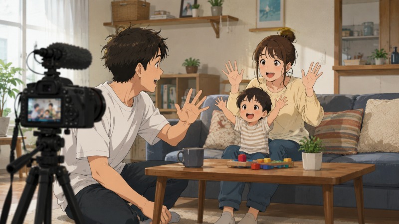 自宅のリビングで、芸人からYouTuberに転職した男性が妻と子どもと一緒に家族動画を撮影しているシーン。カメラに向かって笑顔で手を振る家族の姿から、新しい仕事への挑戦と家族との時間が増えた喜びが伝わるイラスト。