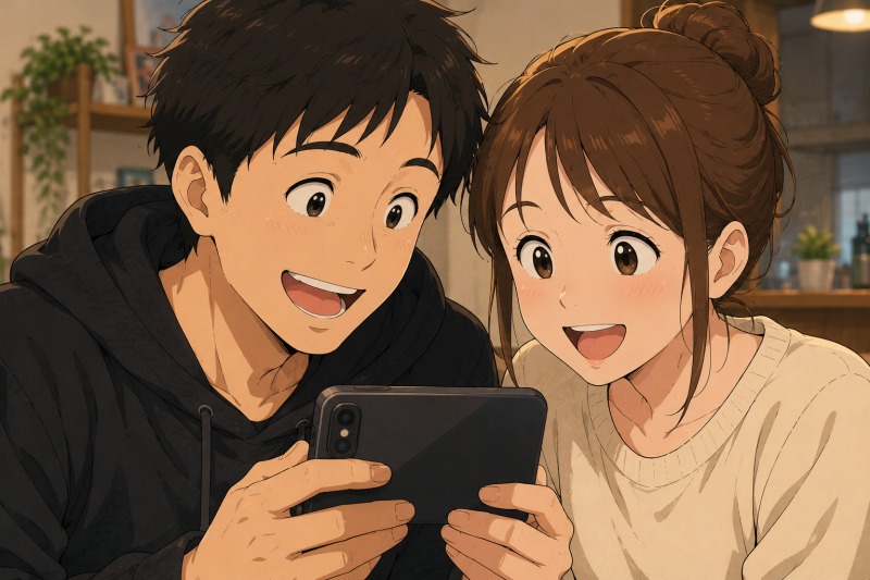 自宅で夫婦がスマホ画面を一緒に見つめながら笑顔を浮かべているシーン。芸人からYouTuberへ転職した男性と妻が、動画の反応やチャンネル登録者数を確認して喜んでいるような、前向きで温かな日常を描いたイラスト。