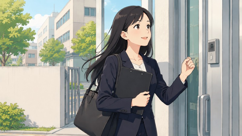 長い黒髪の日本人女性が、社会保険事務所の訪問営業として企業を訪れている様子。ネイビーのスーツ姿で書類ファイルを抱え、オフィス入口のインターホンに手を伸ばしている。コロナ禍前の営業活動の日常を感じさせる、30代女性の転職前キャリアを描いたシーン。
