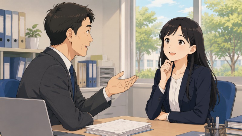 社会保険事務所のオフィスで、上司から「今の仕事より向いている仕事があるかも」と遠回しに言われる30代女性営業職のシーン。長い黒髪の女性は笑顔で受け流しているが、上司の表情には微妙な空気が漂っている。転職のきっかけとなった、コロナ禍の職場での会話を描いた場面。