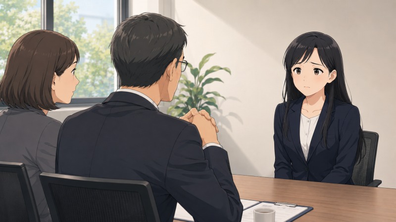 転職活動中の面接で、面接官から厳しい評価を受けて不安そうに座る30代女性のシーン。書類が置かれた会議室で、女性は表情を曇らせながら面接官の言葉を受け止めている。コロナ禍の転職活動に苦しむ女性求職者の心情を描いた場面。