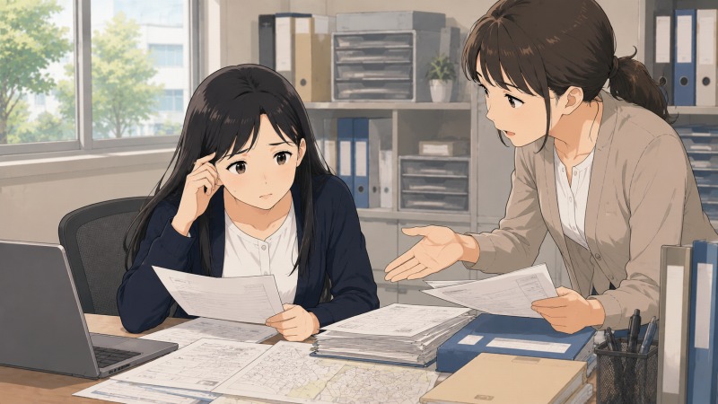 土地家屋調査会社の事務職に転職した30代女性が、専門書類を前に困惑しているシーン。机には測量図や書類が広がり、長い黒髪の女性は内容を理解できず悩んだ表情を浮かべている。隣では先輩社員が説明をしており、未経験業界で何度も質問しながら仕事を覚えていく転職後の苦労を描いた場面。