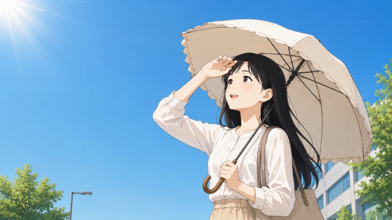雲ひとつない青空の下、長い黒髪の日本人女性が日傘を差しながら強い日差しを見上げているシーン。まぶしそうに目を細め、夏の陽光を感じる穏やかな表情を浮かべている。晴天の街並みと澄み切った空が広がる、開放感のある情景。