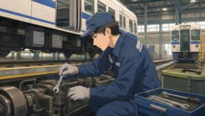 鉄道車両の整備工場で、鉄道車両整備士の男性が工具を手に電車の足回りを点検している場面。新卒から好きな鉄道の仕事に携わり、安全運行を支えるやりがいを感じて働く転職体験談のワンシーン。
