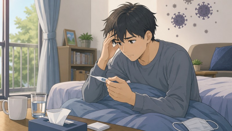 2020年6月のコロナ禍に、新型コロナウイルスへ感染した鉄道車両整備士の男性が、自宅のベッドで体温計を見つめながら不安と体調不良に苦しんでいる転職体験談のワンシーン。