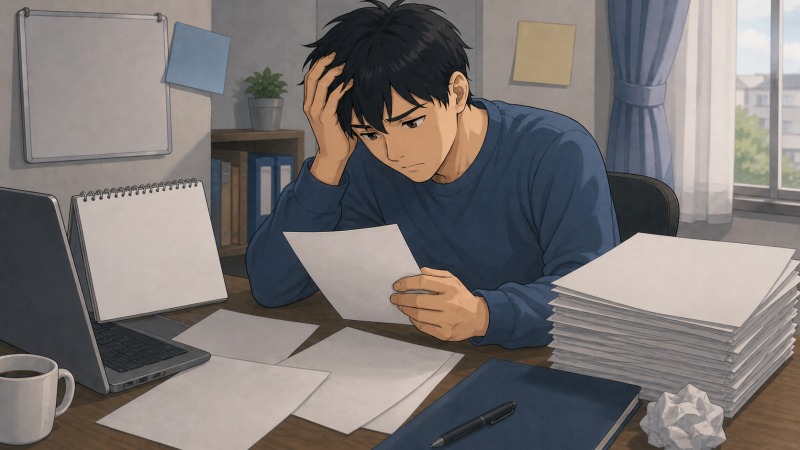 1ヵ月間の転職活動でいくつもの求人に応募したものの、すべて不採用となり、自宅の机で選考結果の通知を見つめて落ち込む男性。コロナ禍で求人が少なく、鉄道車両整備士から異業種へ転職する難しさに直面している転職体験談のワンシーン。