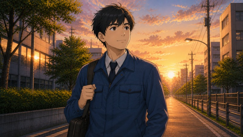 夕暮れの会社帰りの道で、青い作業着姿の男性が前向きな表情で歩きながら、資格取得やスキルアップへの抱負を思い描いている場面。転職で年収が下がった元鉄道車両整備士が、製造業エンジニアとして資格手当や汎用的なスキル習得を目指し、これからの人生を立て直そうとする転職体験談のワンシーン。