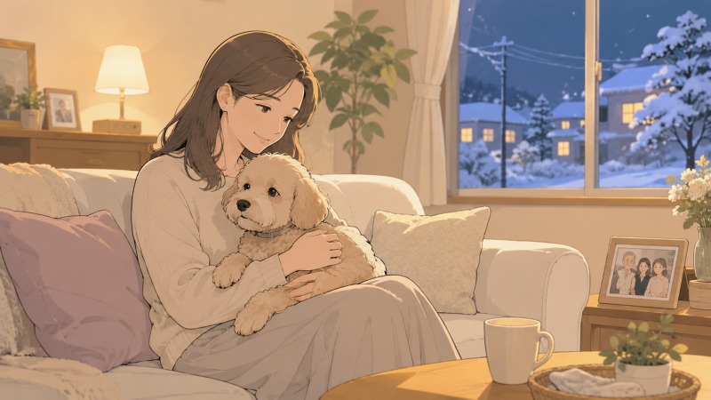 北海道へUターン転職した40代女性が、実家のリビングで愛犬を抱きながら雪景色を眺め、家族との暮らしに安心感と幸せを感じているイラスト。