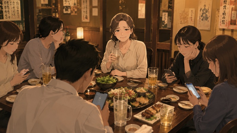 歯科衛生士の女性主任が職場の人間関係を改善しようと開いた飲み会で、同僚たちが会話を避けるなか無理に笑顔を作り、孤立と限界を感じているイラスト。