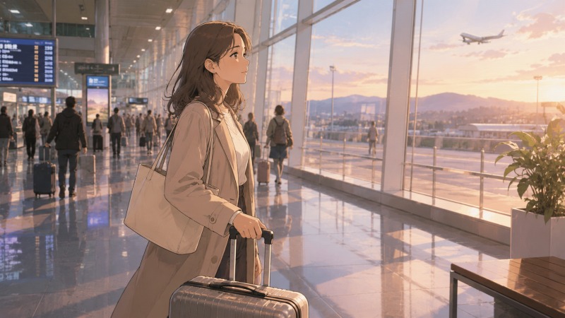 埼玉から北海道へ移住してUターン転職を決意した40代女性が、空港でスーツケースを手に夕焼けを見つめ、不安と覚悟を抱えて再出発するイラスト。