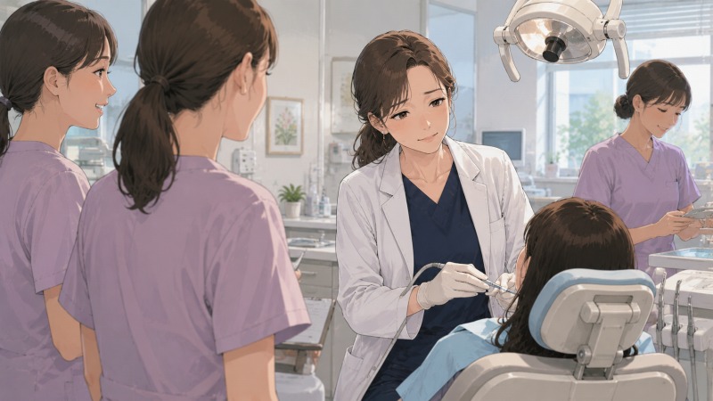 北海道の新しい歯科クリニックで働き始めた40代女性の歯科衛生士が、患者対応をしながら歯科助手との距離感や新しい職場環境に戸惑っているイラスト。