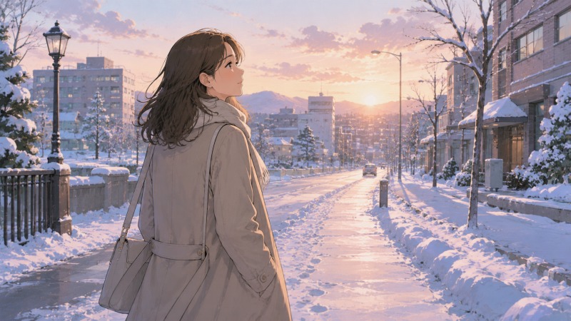 北海道の雪道を歩く40代女性が朝焼けを見つめ、主任から平職員への転職を経て、前職の人間関係の失敗を乗り越え前向きに歩き出すイラスト。