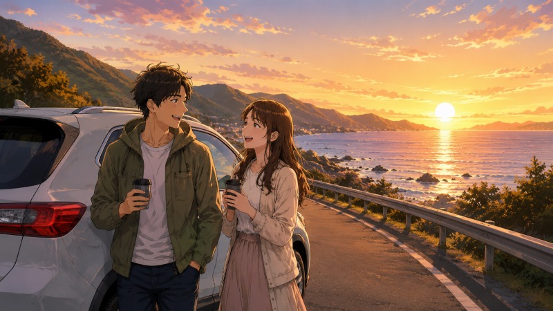 海沿いの夕暮れ、車のそばで恋人と穏やかに過ごす30代男性の休日を描いた転職前のイラスト。