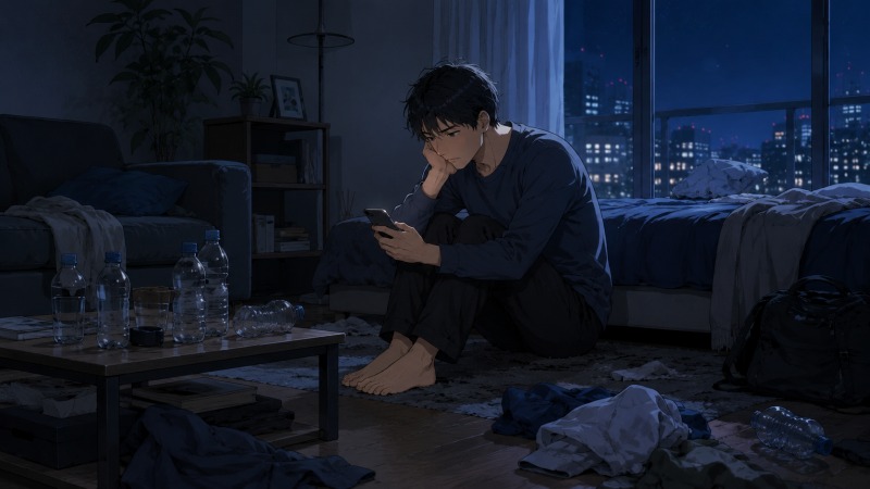 彼女との別れ後、夜の散らかった部屋でスマホを見つめながら孤独と喪失感に沈む30代男性の転職体験イラスト。