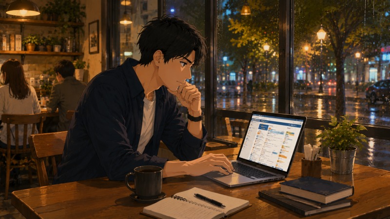 雨の夜のカフェで、転職サイトを見ながら異業種への挑戦を決意する30代男性の転職活動イラスト。