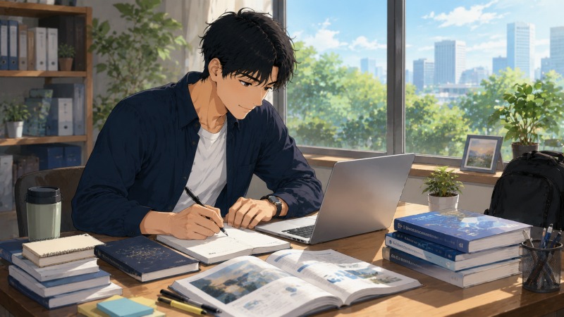 明るい自宅の書斎で、AI関連の資格取得に向けて勉強しながら、新しいキャリアへの成長を目指す30代男性のイラスト。