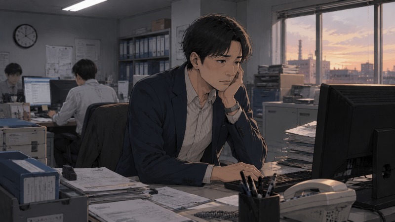 夕方の製造業オフィスで、40代男性の営業事務職が書類に囲まれ、疲れた表情でPC作業を続けている転職前の停滞感を描いたシーン。