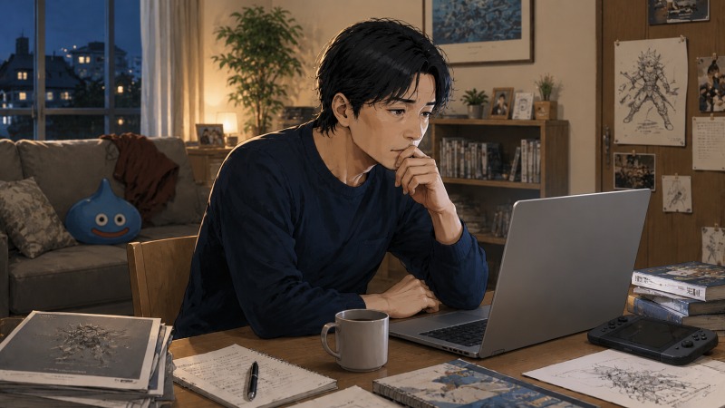 深夜の自宅リビングで、40代男性が転職サイトを見ながらゲーム業界への転職を真剣に考えているシーン。机にはゲーム関連の資料やスケッチが置かれ、未経験転職への不安と決意が漂う。
