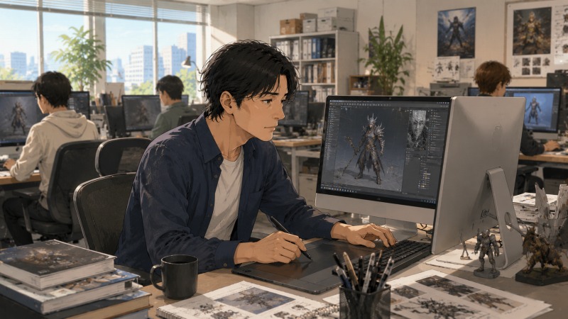 明るい3DCG制作会社のオフィスで、40代男性がペンタブを使い、ゲームキャラクターの3Dモデリングに集中している転職後の成長シーン。