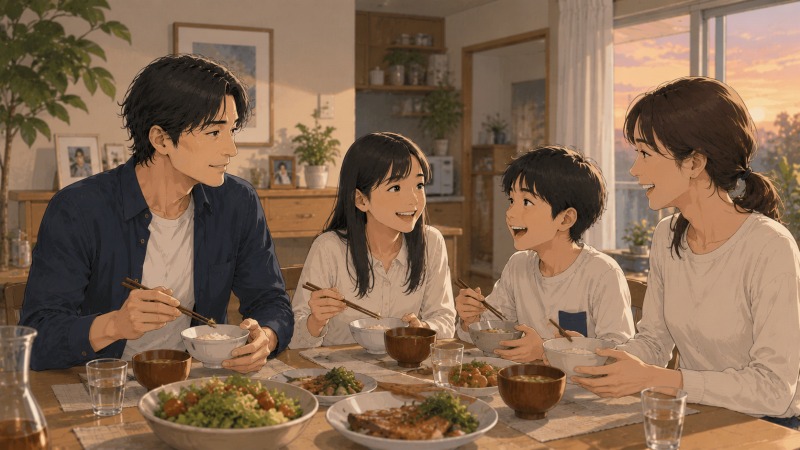 夕方の明るい自宅ダイニングで、40代男性が妻と子どもたちと笑顔で食卓を囲み、転職後に家族との時間と心の余裕を取り戻したシーン。