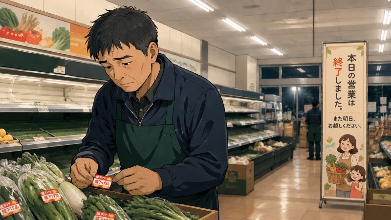 閉店間際のスーパー青果売り場で、40代男性店員が値引きシールを貼りながら将来への不安を抱える、リストラ危機前夜を描いたイラスト。