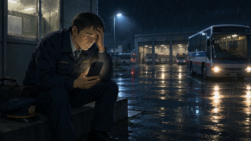 雨の深夜のバス営業所で、疲弊した40代男性運転手がスマホの光に照らされながら座り込む、長時間労働と限界寸前の日々を描いたイラスト。