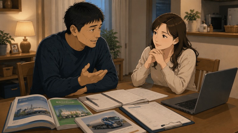 自宅ダイニングで、40代男性が資格資料を前に妻と向き合いながら転職相談をする、家族の支えと再挑戦の決意を描いたイラスト。