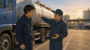 朝焼けの物流基地で、40代男性が先輩社員からタンクローリー運転技術を教わる、未経験転職後の成長と新天地を描いたイラスト。