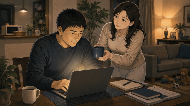 転職後の夜、自宅リビングで40代男性が副業のWebライティングに取り組み、妻が温かく見守る、収入改善と穏やかな家族時間を描いたイラスト。