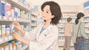 50代の美しい女性登録販売者が、ドラッグストアの医薬品売り場で落ち着いた表情で商品棚を整え、週4勤務の転職前の日常と販売サービス職の経験を表すイラスト。