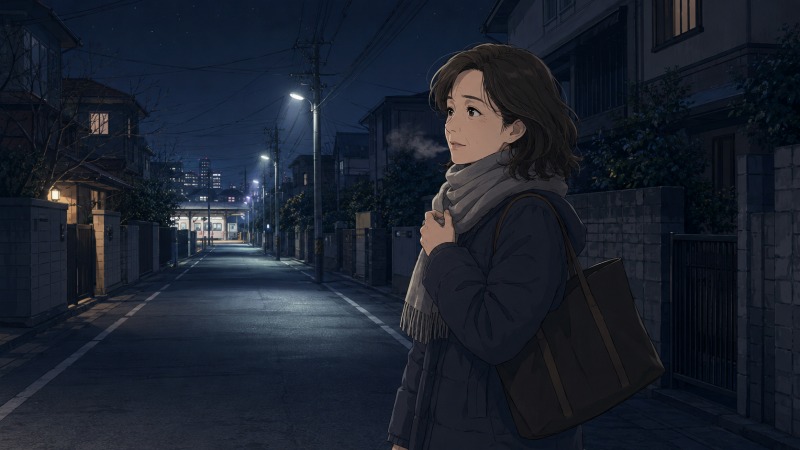 冬の早朝6時、最寄り駅まで徒歩30分の暗い道を、50代の美しい女性登録販売者が寒さに耐えながら出勤する転職前の厳しい早朝シフトを描いたイラスト。