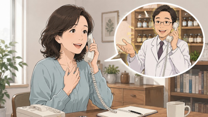 転職活動中の50代の美しい女性が、自宅の机で偶然見つけた漢方薬局へ緊張しながら電話をかけ、採用につながる希望の言葉を受け取る瞬間を描いたイラスト。