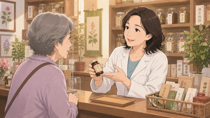 漢方薬局で働く50代の美しい女性登録販売者が、薬棚の前でお客様に漢方薬を丁寧に案内し、感謝される喜びと転職後のやりがいを感じているイラスト。