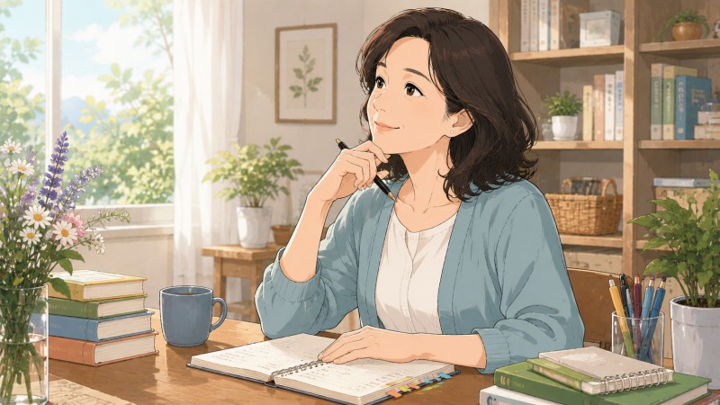 50代半ばの美しい女性が、明るい昼間の漢方薬局で前向きな表情を浮かべ、漢方の学びと仕事の成長を通じて人生100年時代にまだまだ挑戦していく姿を描いたイラスト。