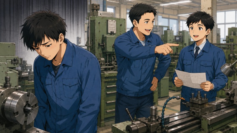 製造業の工場で、ショートカットの青年作業員が上司から担当業務を外され、後輩社員に仕事を引き継がれる様子をうつむいて見つめている転職前のワンシーン。若手社員が「仕事を任せられない」と評価され、自信を失って精神的に追い詰められている状況を描いたイラスト。
