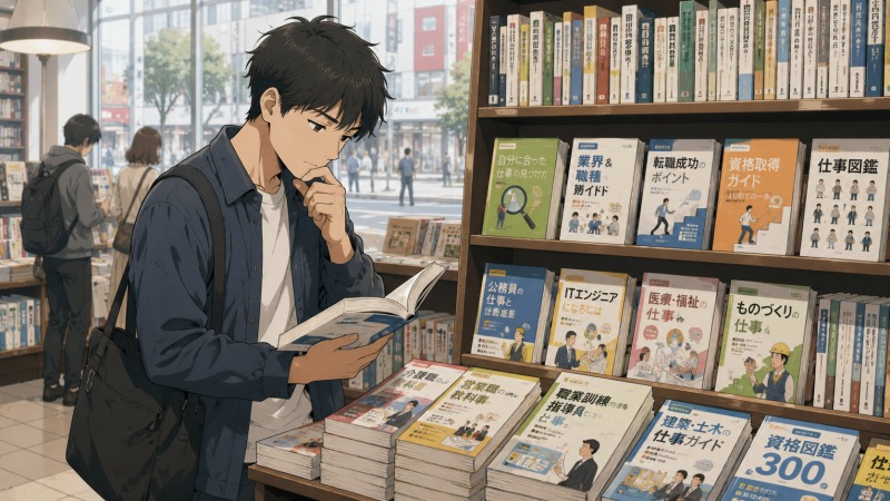 駅前の大型書店で、ショートカットの青年が転職や資格に関する本を立ち読みしながら、自分に向いている仕事を探しているワンシーン。退職後の不安を抱えつつ、職業選択やキャリアチェンジの情報収集を通じて新しい働き方を模索する様子を描いたイラスト。