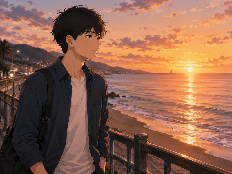 夕焼けに染まる海辺の遊歩道で、黒髪の青年が私服姿で穏やかに微笑みながら海を眺めているアニメ風イラスト。背景にはオレンジ色の空、波打つ砂浜、遠くの街並みが描かれている。