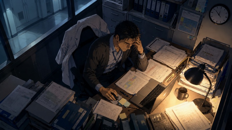 管理職業務に悩む45歳男性の臨床検査技師。大量の書類とPCに囲まれ、現場業務から離れた葛藤と疲労を抱える姿。