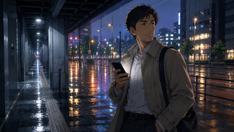 雨上がりの大阪の高架下でスマートフォンを手に立ち止まる45歳男性。医療機器メーカーへの転職活動中、人脈から好条件求人のチャンスを感じた瞬間。