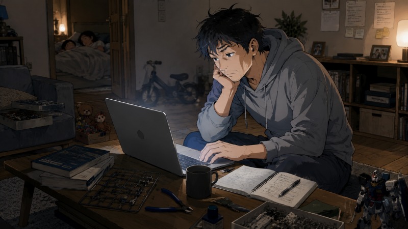 家族が眠る深夜の自宅リビングで、36歳男性が未経験からWebプログラマー転職を目指して学習するイラスト。ノートPCの光、生活感のある部屋、プラモデルが、不安と挑戦への希望を伝えている。