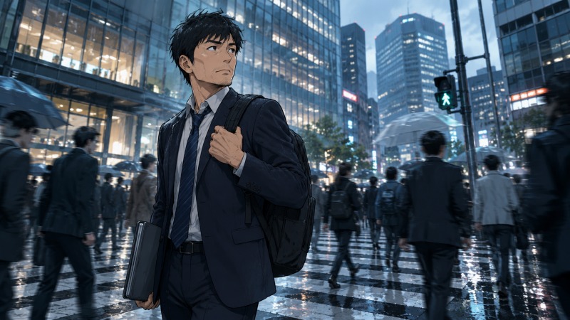 雨上がりの都市で、36歳男性が未経験からIT転職を目指して面接へ向かうイラスト。人混みの中で不安を抱えながらも前へ進む姿が、30代未経験転職の焦りと覚悟を表している。