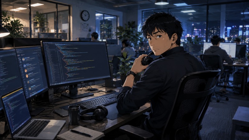 Webプログラマーへ転職した36歳男性が、夜のITオフィスで複数モニターに向かいコードを書くイラスト。静かな職場環境と集中する表情が、未経験エンジニアとして成長していく現実を表現している。